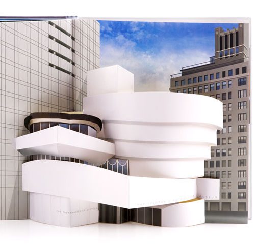 Pop-up Buch über Frank Lloyd Wright Moderne Architektur mit geschwungenen Formen und umliegenden Gebäuden als Pop-up